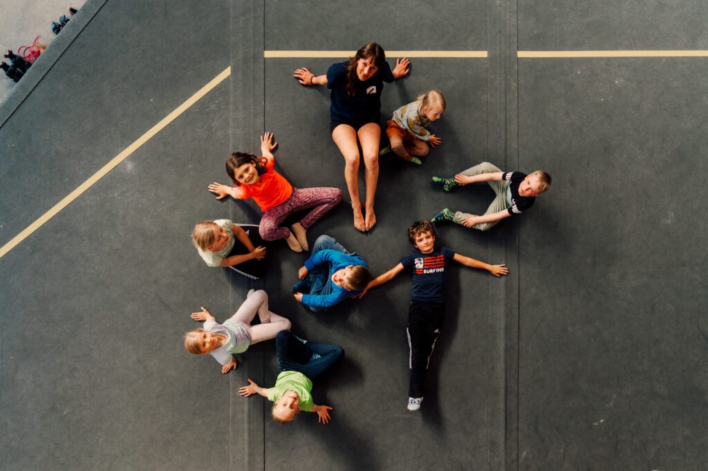 group of kids with trainer seen from above
